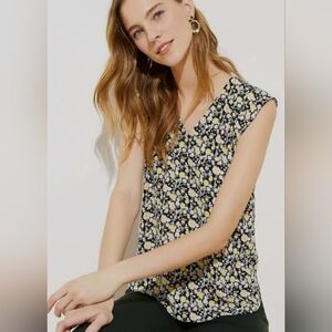 LOFT Black Floral Cap-Sleeve Blouse with Yellow and White Flowers